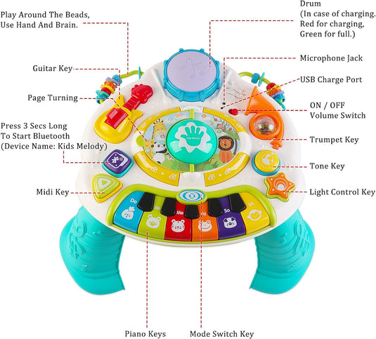 Masuta Interactiva 2in1, Kids Melody, Multifunctionala, cu Activitati tip Busy Board, Functie Bluetooth, Ajustare Volum, Include Microfon, cu Numeroase Sunete si Melodii, Butoane Luminoase, Indiggo@