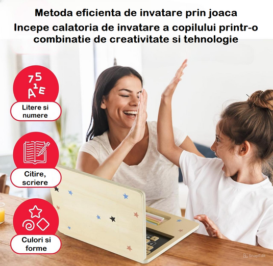 Laptop din Lemn pentru Copii Stil Montessori JuniorTECH KinderVibe™ Multifunctional, 41 de Taste Magnetice, Mouse 2in1 Functie Guma de Sters, Creta 5 Culori, Litere, Cifre, Simboluri Matematice, Educational, Fara Margini Ascutite, Portabil, Wood