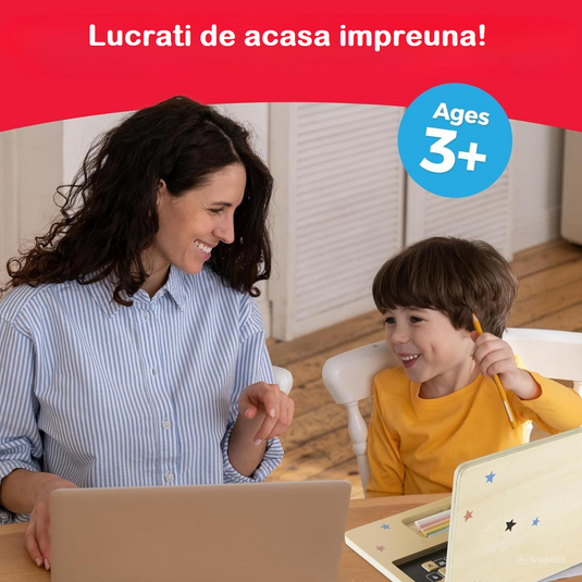 Laptop din Lemn pentru Copii Stil Montessori JuniorTECH KinderVibe™ Multifunctional, 41 de Taste Magnetice, Mouse 2in1 Functie Guma de Sters, Creta 5 Culori, Litere, Cifre, Simboluri Matematice, Educational, Fara Margini Ascutite, Portabil, Wood
