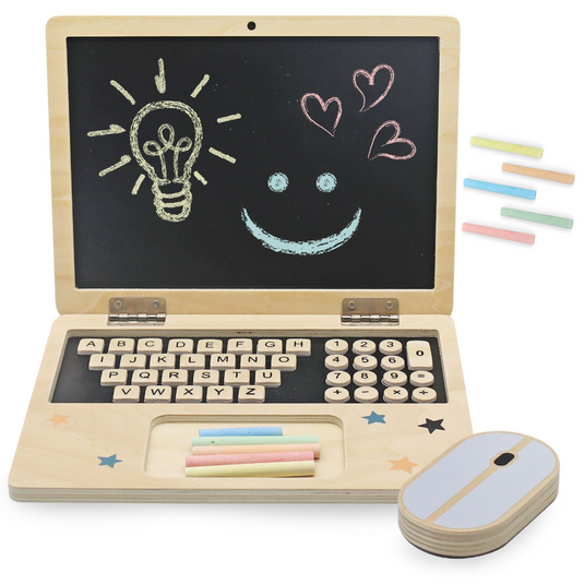 Laptop din Lemn pentru Copii Stil Montessori JuniorTECH KinderVibe™ Multifunctional, 41 de Taste Magnetice, Mouse 2in1 Functie Guma de Sters, Creta 5 Culori, Litere, Cifre, Simboluri Matematice, Educational, Fara Margini Ascutite, Portabil, Wood
