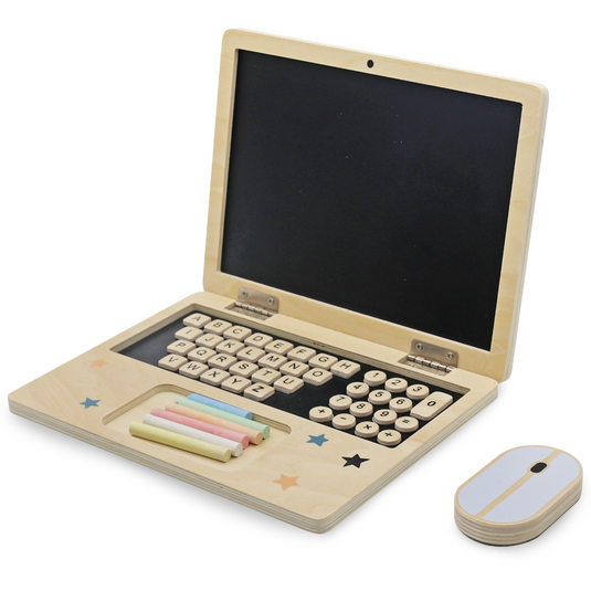 Laptop din Lemn pentru Copii Stil Montessori JuniorTECH KinderVibe™ Multifunctional, 41 de Taste Magnetice, Mouse 2in1 Functie Guma de Sters, Creta 5 Culori, Litere, Cifre, Simboluri Matematice, Educational, Fara Margini Ascutite, Portabil, Wood