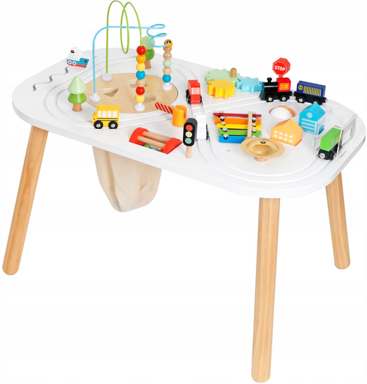 Masuta din Lemn cu Activitati Senzoriale Montessori 10in1 GeniusKiD KinderVibe™ 1 An+, Multifunctionala, Sortator Forme, Labirint Margele, Mini Masini, Tren, Cale ferata, Indicatoare Rutiere, Instrumente Muzicale, Saculet Depozitare, Multicolor