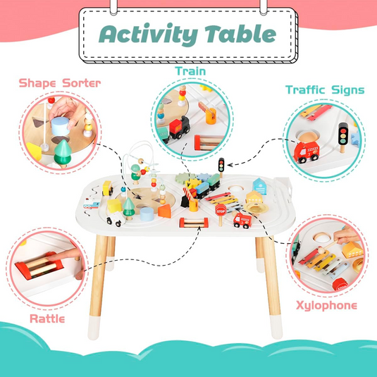 Masuta din Lemn cu Activitati Senzoriale Montessori 10in1 GeniusKiD KinderVibe™ 1 An+, Multifunctionala, Sortator Forme, Labirint Margele, Mini Masini, Tren, Cale ferata, Indicatoare Rutiere, Instrumente Muzicale, Saculet Depozitare, Multicolor