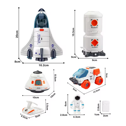 Set de Joaca 10in1 Statia Spatiala Super-Rocket Indiggo® cu Lumini si Sunete, Racheta, 3 Figurine Astronauti, Capsula de Aterizare, Cabina Functionala, Masina, Motor, Nava Spatiala, Doua Rezervoare Oxigen, White/Orange