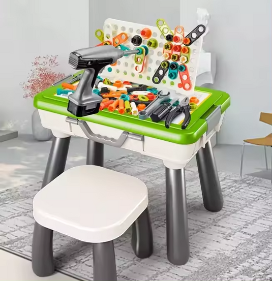 Set Banc de Lucru Multifunctional 4in1 BabyWorkshop Indiggo® cu Bormasina ELECTRICA Bidirectionala, Scaunel si 109 PIESE, Scris / Desenat, Cutie Depozitare Tip Valiza Portabila, Unelte si Accesorii, Margini Rotunjite, Stabil / Antiderapant, Green