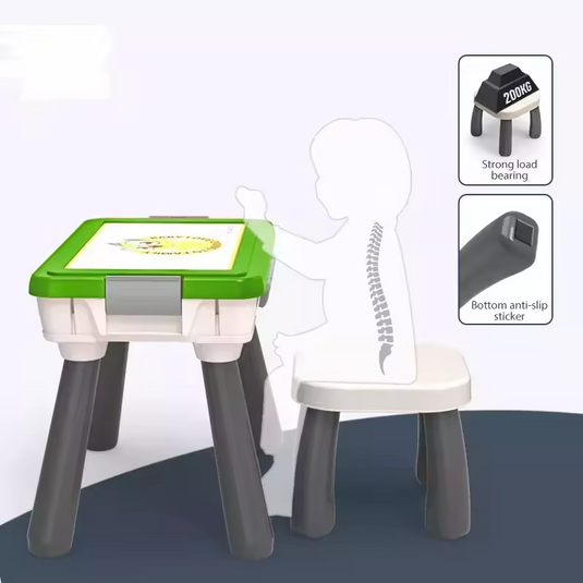 Set Banc de Lucru Multifunctional 4in1 BabyWorkshop Indiggo® cu Bormasina ELECTRICA Bidirectionala, Scaunel si 109 PIESE, Scris / Desenat, Cutie Depozitare Tip Valiza Portabila, Unelte si Accesorii, Margini Rotunjite, Stabil / Antiderapant, Green