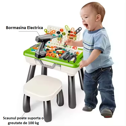 Set Banc de Lucru Multifunctional 4in1 BabyWorkshop Indiggo® cu Bormasina ELECTRICA Bidirectionala, Scaunel si 109 PIESE, Scris / Desenat, Cutie Depozitare Tip Valiza Portabila, Unelte si Accesorii, Margini Rotunjite, Stabil / Antiderapant, Green