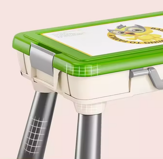 Set Banc de Lucru Multifunctional 4in1 BabyWorkshop Indiggo® cu Bormasina ELECTRICA Bidirectionala, Scaunel si 109 PIESE, Scris / Desenat, Cutie Depozitare Tip Valiza Portabila, Unelte si Accesorii, Margini Rotunjite, Stabil / Antiderapant, Green