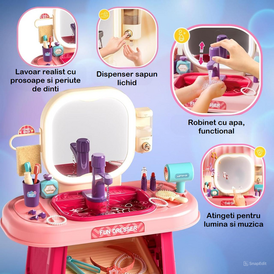 Set Masuta de Machiaj pentru Fetite BeautyBoutique Indiggo® Oglinda cu Lumini LED si Muzica, Lavoar cu Robinet Functional Senzori de Pornire, Dispenser Sapun Lichid, Accesorii Complete Ingrijire, Machiaj, Coafura, Decorative, Blush Pink