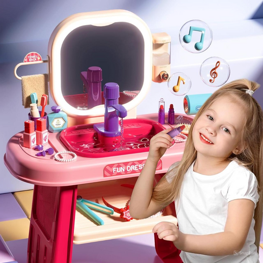 Set Masuta de Machiaj pentru Fetite BeautyBoutique Indiggo® Oglinda cu Lumini LED si Muzica, Lavoar cu Robinet Functional Senzori de Pornire, Dispenser Sapun Lichid, Accesorii Complete Ingrijire, Machiaj, Coafura, Decorative, Blush Pink