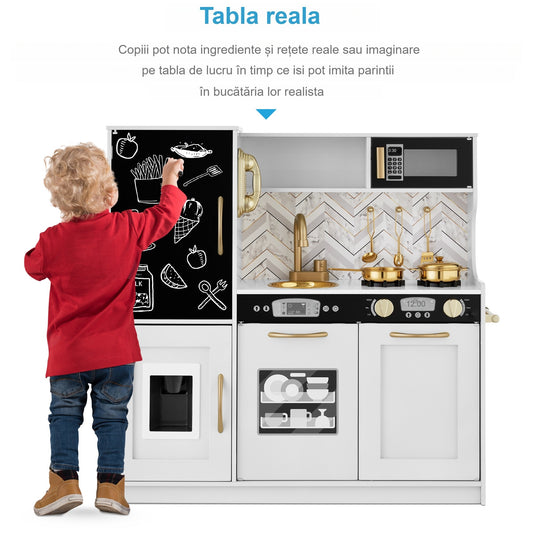 Set Bucatarie pentru Copii din Lemn Natural, Kiddo Cuisine, Mobilier si Sunete Realiste, Elemente Detasabile, Set Ustensile, Tabla de scris, Telefon, Masina de gheata, Microunde, Chiuveta, 80.5 CM Inaltime, White Wood