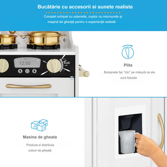 Set Bucatarie pentru Copii din Lemn Natural, Kiddo Cuisine, Mobilier si Sunete Realiste, Elemente Detasabile, Set Ustensile, Tabla de scris, Telefon, Masina de gheata, Microunde, Chiuveta, 80.5 CM Inaltime, White Wood