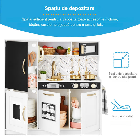 Set Bucatarie pentru Copii din Lemn Natural, Kiddo Cuisine, Mobilier si Sunete Realiste, Elemente Detasabile, Set Ustensile, Tabla de scris, Telefon, Masina de gheata, Microunde, Chiuveta, 80.5 CM Inaltime, White Wood