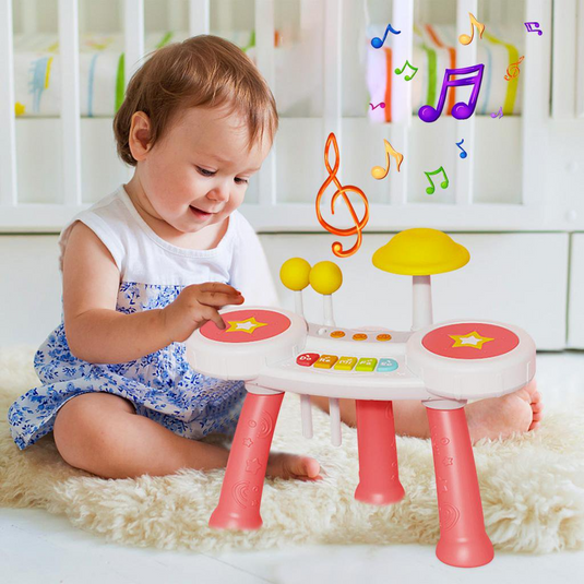 Masuta Muzicala Multifunctionala 2in1 SuperStar Indiggo® cu Pian si Tobe, Doua Bete Incluse, 5 Clape, Lumini LED, Volum Reglabil, 3 Butoane Functionale, Educativ si Interactiv, Vibrant Pink