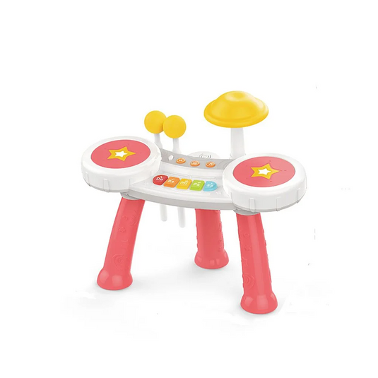 Masuta Muzicala Multifunctionala 2in1 SuperStar Indiggo® cu Pian si Tobe, Doua Bete Incluse, 5 Clape, Lumini LED, Volum Reglabil, 3 Butoane Functionale, Educativ si Interactiv, Vibrant Pink