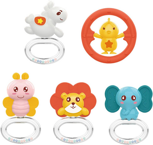Carusel Muzical pentru Patut MiniFriends Indiggo® cu 5 Jucarii Senzoriale, 108 Cantece, Cutiuta Muzicala, Rotire 360°, 5 Butoane / 5 Functii, Volum Reglabil, Usor de Instalat, Pink