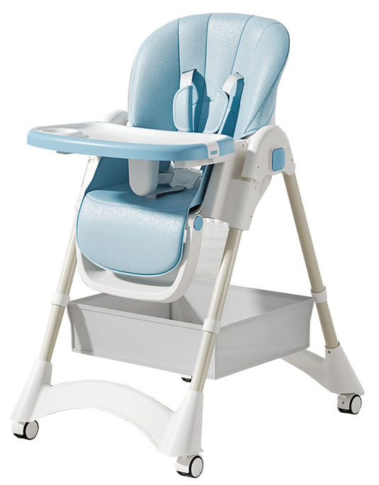 Scaun de Masa Pliabil pentru Bebelusi si Copii KinderVIBE®, 6 Luni +, 4 Pozitii inclinare Spatar, Stabil, Centura de Siguranta 5 Puncte, Ajustabil pe Inaltime, Tavita Reglabila si Detasabila, Loc depozitare, Picioare Antiderapante, Roti, Albastru Fad