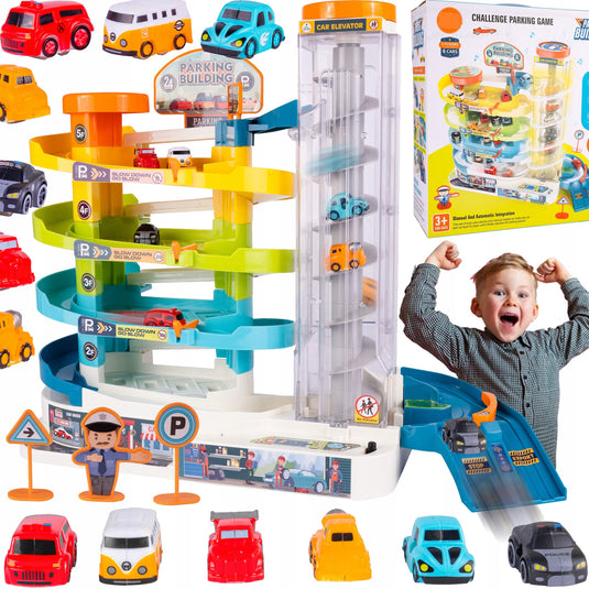 Set de Joaca Pista si Super Parcare Electrica 5 Etaje Parking Helicopter, 6 Masini Incluse, Banda Rulanta, Heliport, Comutator, Lumini si Sunete, Lift Electric, Semne de circulatie Trafic, Garaj, Albastru