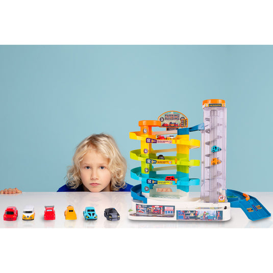 Set de Joaca Pista si Super Parcare Electrica 5 Etaje Parking Helicopter, 6 Masini Incluse, Banda Rulanta, Heliport, Comutator, Lumini si Sunete, Lift Electric, Semne de circulatie Trafic, Garaj, Albastru