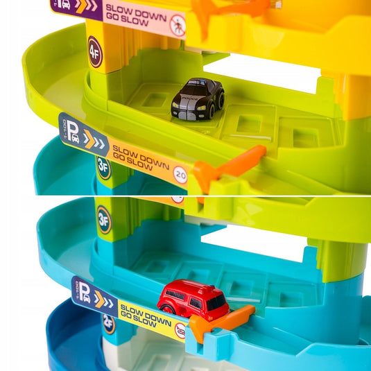 Set de Joaca Pista si Super Parcare Electrica 5 Etaje Parking Helicopter, 6 Masini Incluse, Banda Rulanta, Heliport, Comutator, Lumini si Sunete, Lift Electric, Semne de circulatie Trafic, Garaj, Albastru