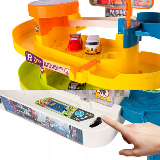 Set de Joaca Pista si Super Parcare Electrica 5 Etaje Parking Helicopter, 6 Masini Incluse, Banda Rulanta, Heliport, Comutator, Lumini si Sunete, Lift Electric, Semne de circulatie Trafic, Garaj, Albastru