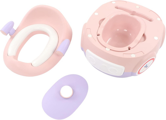 Olita Multifunctionala 3in1 HappyClean Indiggo® cu Perna Moale, Inaltator/Reductor Toaleta, Recipient Colector Detasabil, Manere Siguranta, Fara Miros, Anti-Stropire/Anti-Alunecare, Spatar Ergonomic, Capac, Confortabil, Curatare Usoara, Violet/Pink