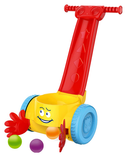Antemergator Muzical pentru Copii RolyPopper Indiggo® cu Bile Colorate, Colector de Mingi cu Recompensa Muzicala, Maner in Forma de Tobogan, Stabil, Antiderapant, Red/Yellow