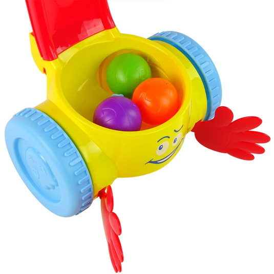 Antemergator Muzical pentru Copii RolyPopper Indiggo® cu Bile Colorate, Colector de Mingi cu Recompensa Muzicala, Maner in Forma de Tobogan, Stabil, Antiderapant, Red/Yellow