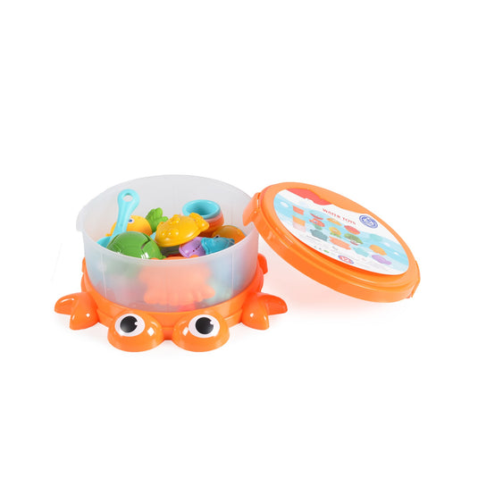 Set Jucarii Baie pentru Copii si Bebelusi, Indiggo®, 16 Piese, Cutie Depozitare, Animalute Colorate, Non Alergic, Distractiv si Interactiv, Portocaliu