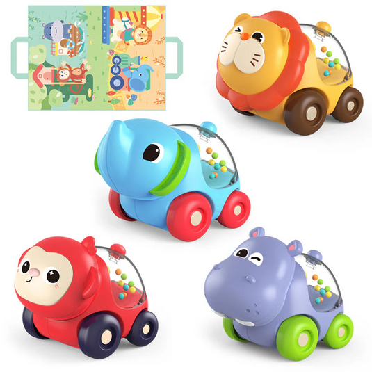 Set Covoras de Joaca cu 4 Masini BabyZoo Indiggo® Animalute Scooter Colorate, Hipopotam/Leu/Elefant/Maimuta cu Bilute Zornaitoare, Geanta Depozitare, Multicolor