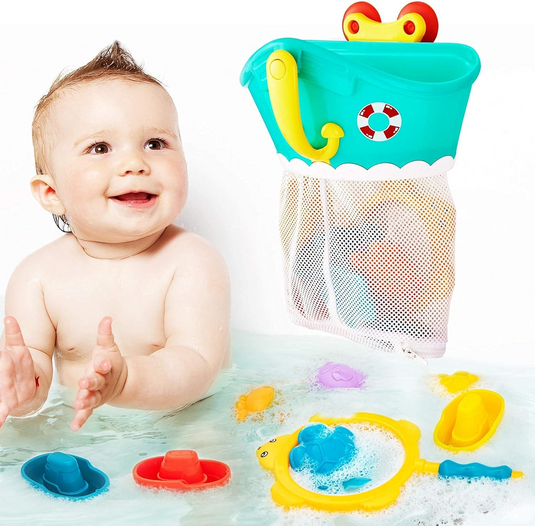 Set Jucarii de Baie pentru Copii si Bebelusi HappyShower Indiggo®, 7 Animalute Marine, Cos de Uscare si Depozitare cu Fermoar pentru Acces Usor si 3 Ventuze pentru Prindere, Fixare Perete sau Cada, Multicolor