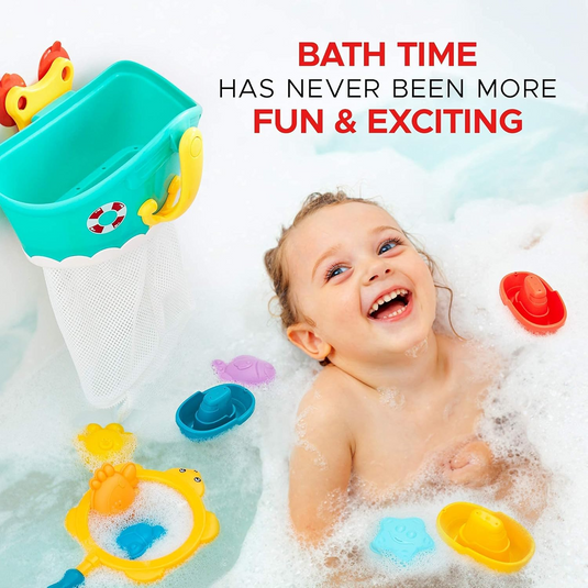 Set Jucarii de Baie pentru Copii si Bebelusi HappyShower Indiggo®, 7 Animalute Marine, Cos de Uscare si Depozitare cu Fermoar pentru Acces Usor si 3 Ventuze pentru Prindere, Fixare Perete sau Cada, Multicolor