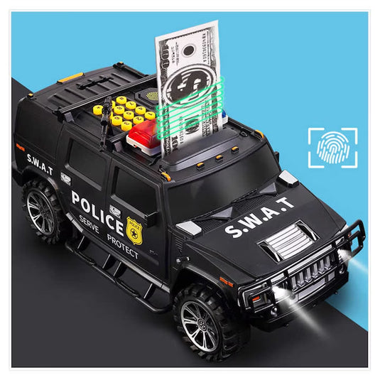 Pusculita inteligenta tip masina blindata pentru copii SMART SWAT, Cu sunete si lumina, Deschidere cu parola si recunoastere a amprentelor digitale, Plastic, Negru