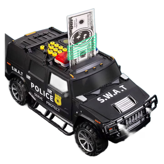 Pusculita inteligenta tip masina blindata pentru copii SMART SWAT, Cu sunete si lumina, Deschidere cu parola si recunoastere a amprentelor digitale, Plastic, Negru