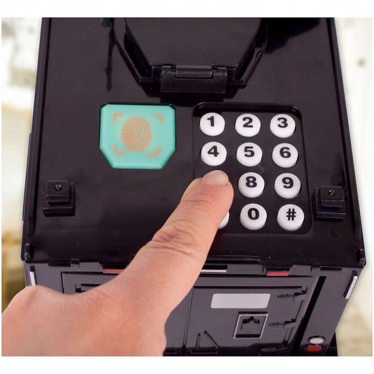 Pusculita inteligenta tip masina blindata pentru copii SMART SWAT, Cu sunete si lumina, Deschidere cu parola si recunoastere a amprentelor digitale, Plastic, Negru