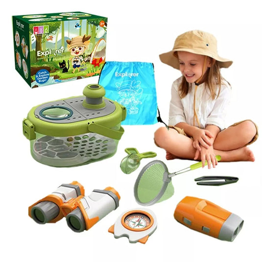 Set de cercetare pentru explorarea naturii Junior Explorer 10 piese, aventurier cu binoclu, lupa, recipiente pentru Insecte, Pesti, Plante, Busola, Telescop 8X, Jucarie STEAM, Promoveaza Invatarea Practica, Rucsac inclus, Verde Multicolor