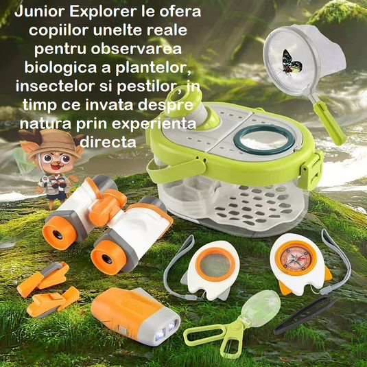 Set de cercetare pentru explorarea naturii Junior Explorer 10 piese, aventurier cu binoclu, lupa, recipiente pentru Insecte, Pesti, Plante, Busola, Telescop 8X, Jucarie STEAM, Promoveaza Invatarea Practica, Rucsac inclus, Verde Multicolor