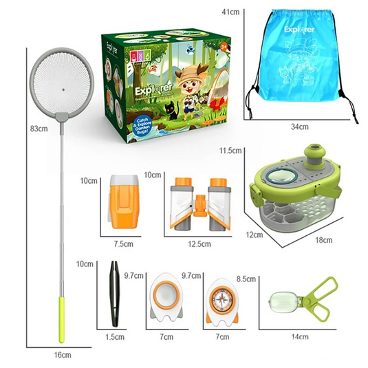 Set de cercetare pentru explorarea naturii Junior Explorer 10 piese, aventurier cu binoclu, lupa, recipiente pentru Insecte, Pesti, Plante, Busola, Telescop 8X, Jucarie STEAM, Promoveaza Invatarea Practica, Rucsac inclus, Verde Multicolor