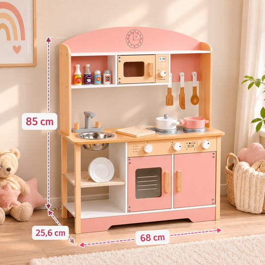 Bucatarie Pentru Copii, Din Lemn de Calitate Superioara, Include Plita cu Doua Arzatoare, Cuptor, Chiuveta, cu Spatiu de Depozitare, Cuptor cu Microunde, Accesorizata Complet, Vopsea pe Baza de Apa, Indiggo, 85Cm Inaltime, Alb/Roz
