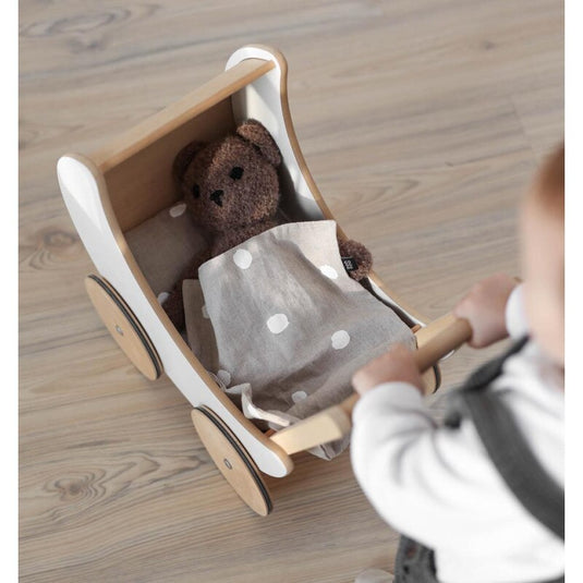 Antemergator Educational si Interactiv 2 in 1 Doll Walker Indiggo®, din Lemn Natural, stil Retro, Carucior pentru papusi, Roti Antiderapante, Woody White