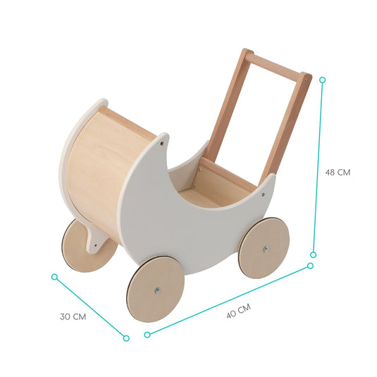 Antemergator Educational si Interactiv 2 in 1 Doll Walker Indiggo®, din Lemn Natural, stil Retro, Carucior pentru papusi, Roti Antiderapante, Woody White