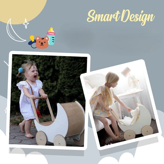 Antemergator Educational si Interactiv 2 in 1 Doll Walker Indiggo®, din Lemn Natural, stil Retro, Carucior pentru papusi, Roti Antiderapante, Woody White