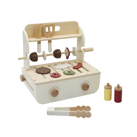 Mini Set Gratar pentru Copii din Lemn Ecologic MINI BBQ KinderVibe™, Set 15 Ustensile Incluse, Legume si fructe, Joc de Rol Portabil care dezvolta Imaginatia si functiile motorii, White Wood