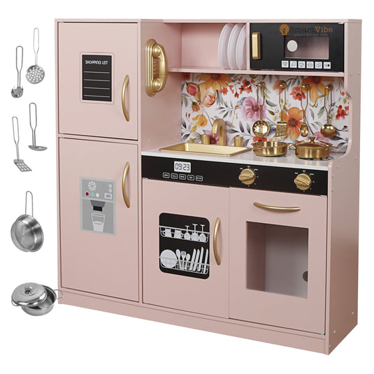 Set Bucatarie pentru Copii din Lemn Natural, FrenchCuisine PINK KIDO, Iluminare LED si Sunete, Elemente Detasabile, Set Ustensile, Cuptor cu Butoane, Telefon, Plita, Microunde, Chiuveta, 80.5 CM Inaltime, PINK KIDO