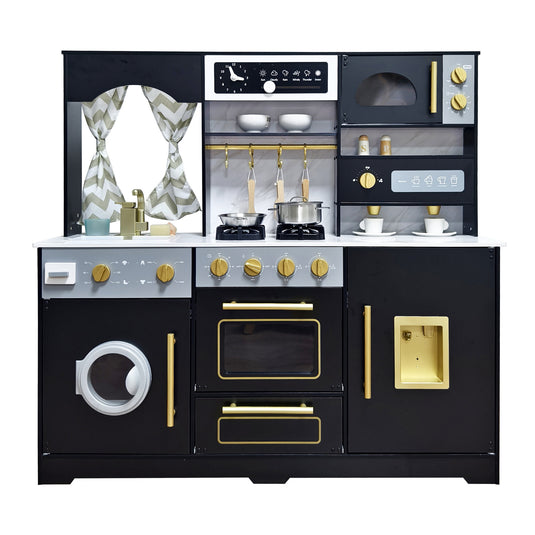 Set Bucatarie pentru Copii din Lemn Natural FrenchBistro™, Iluminare LED si Sunete, Masina de spalat, Chiuveta si Baterie Functionale, Set Ustensile, Cuptor cu Butoane, Sunete si Lumini, Aparat Gheata, Espressor Incorporat, Plita, Microunde, Black Edition