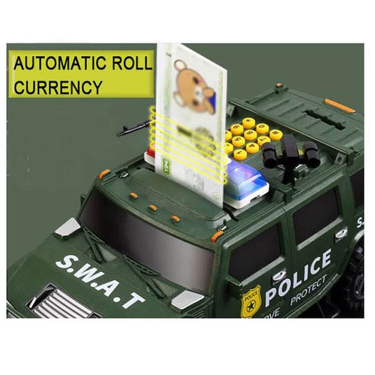 Pusculita inteligenta tip masina blindata pentru copii SMART SWAT, Cu sunete si lumina, Deschidere cu parola si recunoastere a amprentelor digitale, Plastic, Verde
