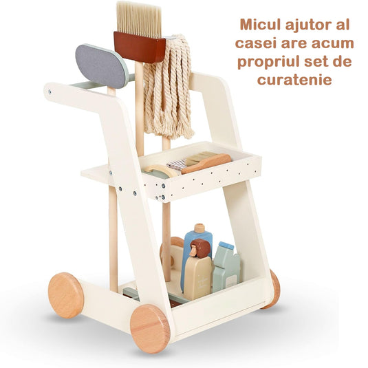 Set de Joaca si Curatenie, Interactiv si Educativ din lemn natural si Jucarie de Rol pentru Copii, MINI CLEANING KIT, 10 Piese, Mop, Faras, Perie, Matura, si Accesorii de Curatat, Suport inclus, Woody