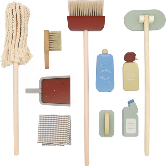 Set de Joaca si Curatenie, Interactiv si Educativ din lemn natural si Jucarie de Rol pentru Copii, MINI CLEANING KIT, 10 Piese, Mop, Faras, Perie, Matura, si Accesorii de Curatat, Suport inclus, Woody