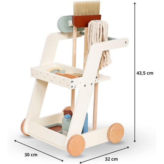 Set de Joaca si Curatenie, Interactiv si Educativ din lemn natural si Jucarie de Rol pentru Copii, MINI CLEANING KIT, 10 Piese, Mop, Faras, Perie, Matura, si Accesorii de Curatat, Suport inclus, Woody