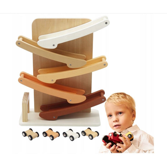 Set 5 Masinute de Jucarie Pure Nature, din lemn natural, Include pista cu 5 niveluri, Vopsea pe baza de apa, ajuta la Coordonare mana-ochi, relatia cauza si efect, Ideale de la 18 luni+, Warm Wood